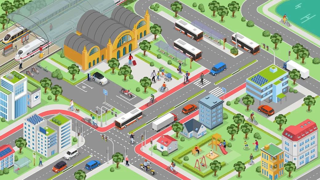 Bahnhofsvorplatz mit typischen Situationen im Straßenverkehr